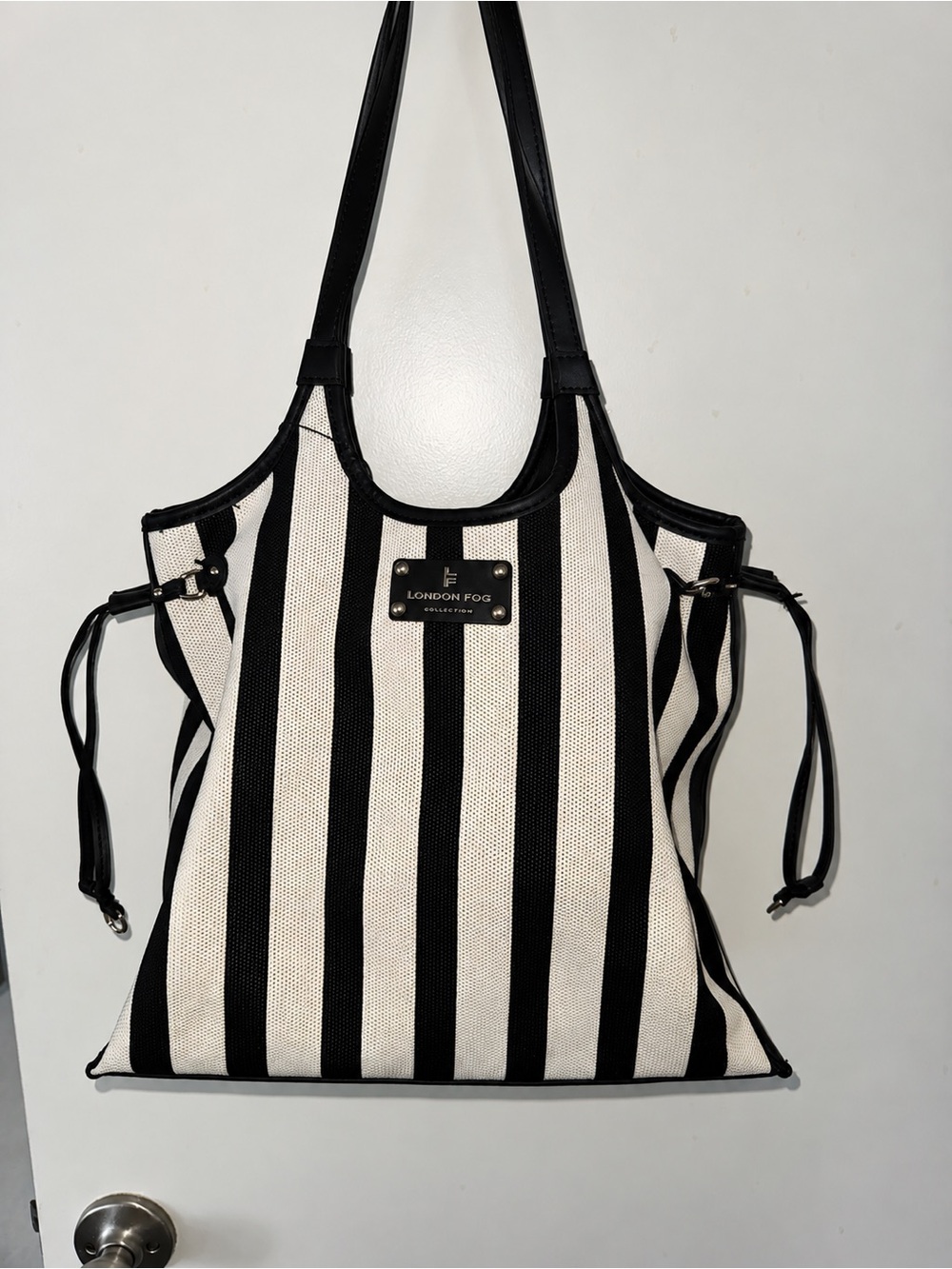 London Fog Black & White Vertical Stripe Tote